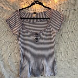 Free People Lavender & White Striped Short Sleeve Scoop Top